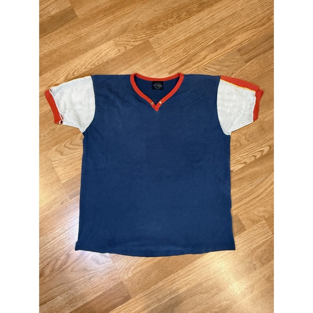 Vintage 70s 80s Locker Tops Activewear Sz LG Men's Retro Mesh Blue Shirt USA